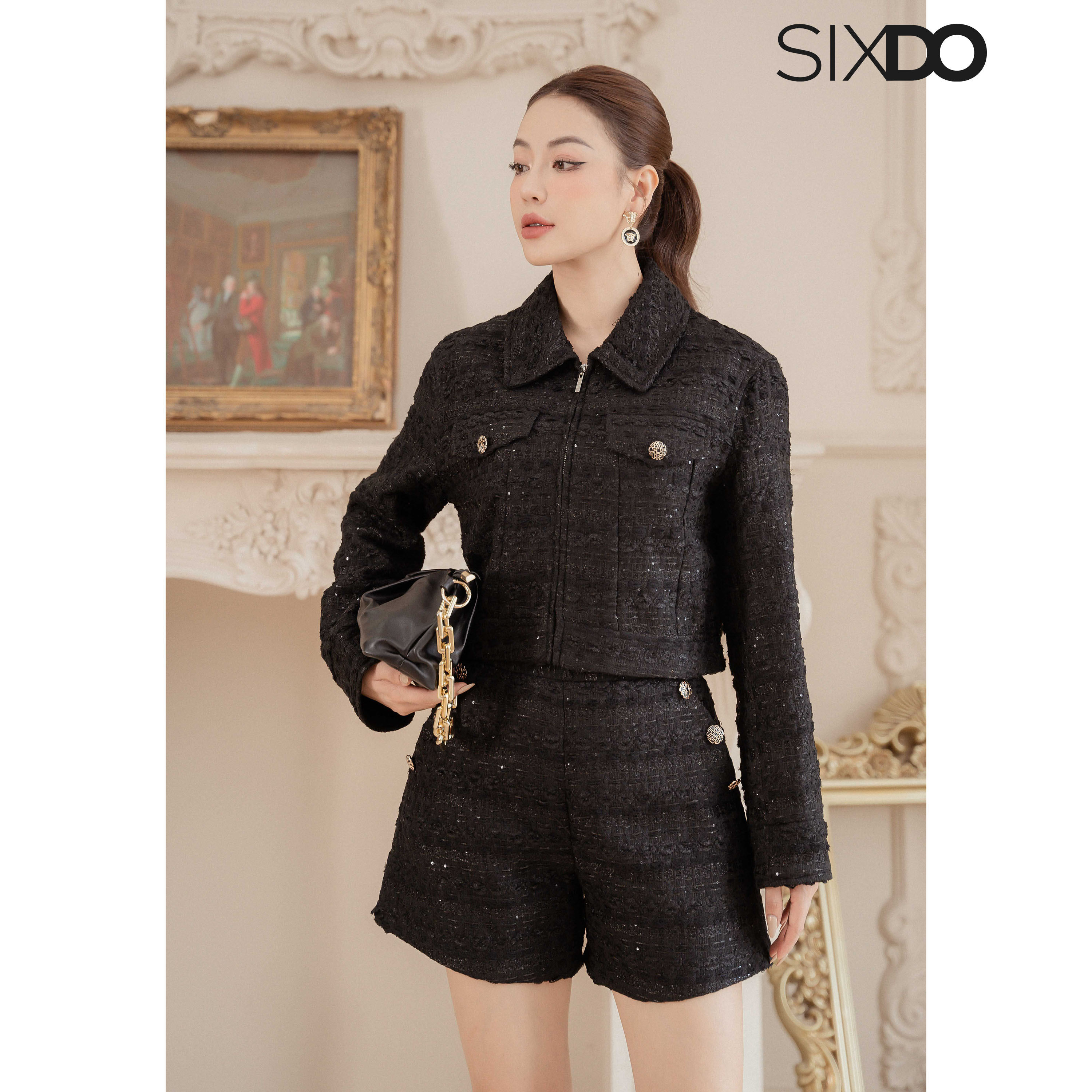 Áo Vest nữ dạ tweed dáng lửng SIXDO (Black Cropped Tweed Vest)