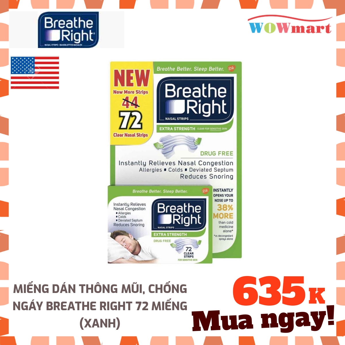 [HCM]Miếng dán thông mũi, chống ngáy Breathe Right 72 miếng (Xanh)