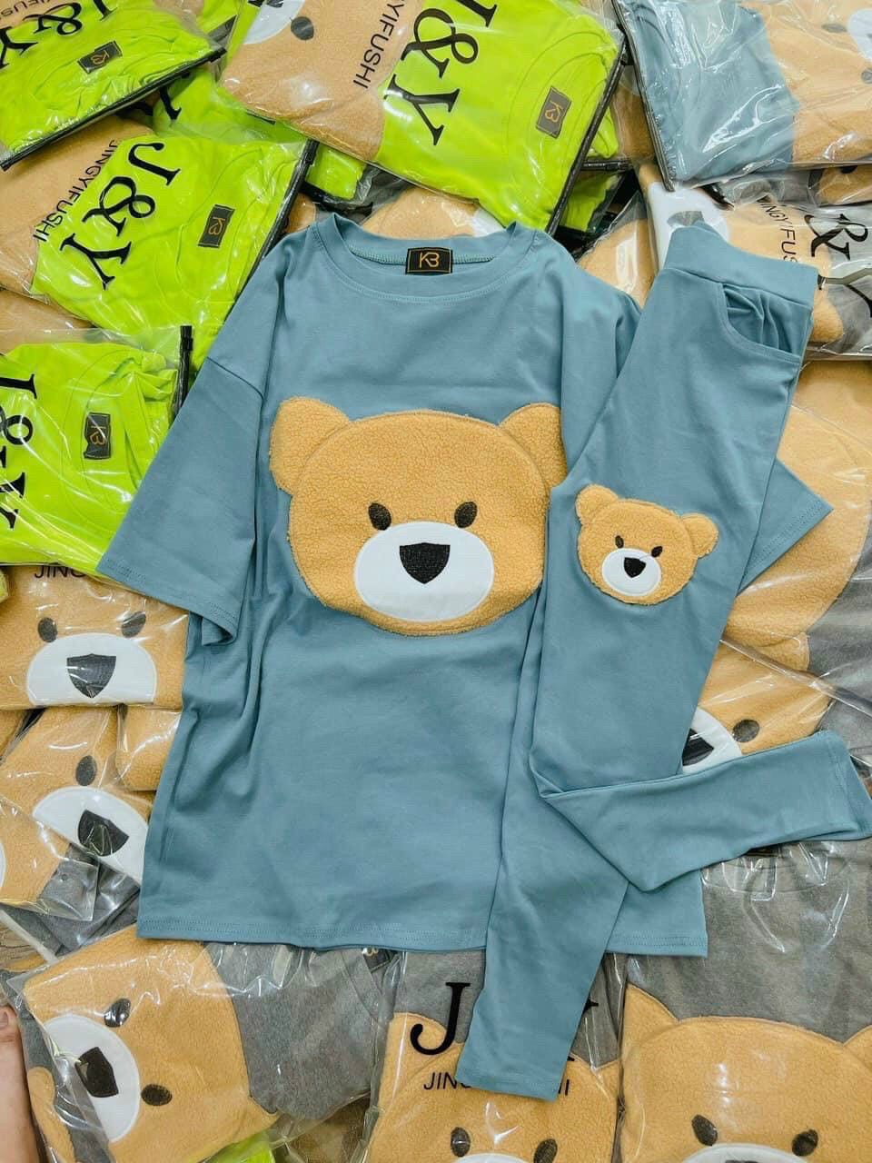 Set Bộ Đồ Nữ Thun Thêu Gấu + Quần Legging Dài