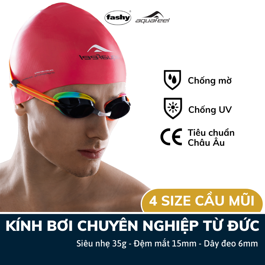 Kính bơi chuyên nghiệp Aquafeel  fashy 100% nhập khẩu từ Đức, tiêu chuẩn Châu Âu dòng “Arrow” kiểu dáng thời trang, chống mờ, chống tia UV, phù hợp cho bé từ 12 tuổi trở lên, Nam, Nữ tập luyện chuyên nghiệp và bơi không chuyên