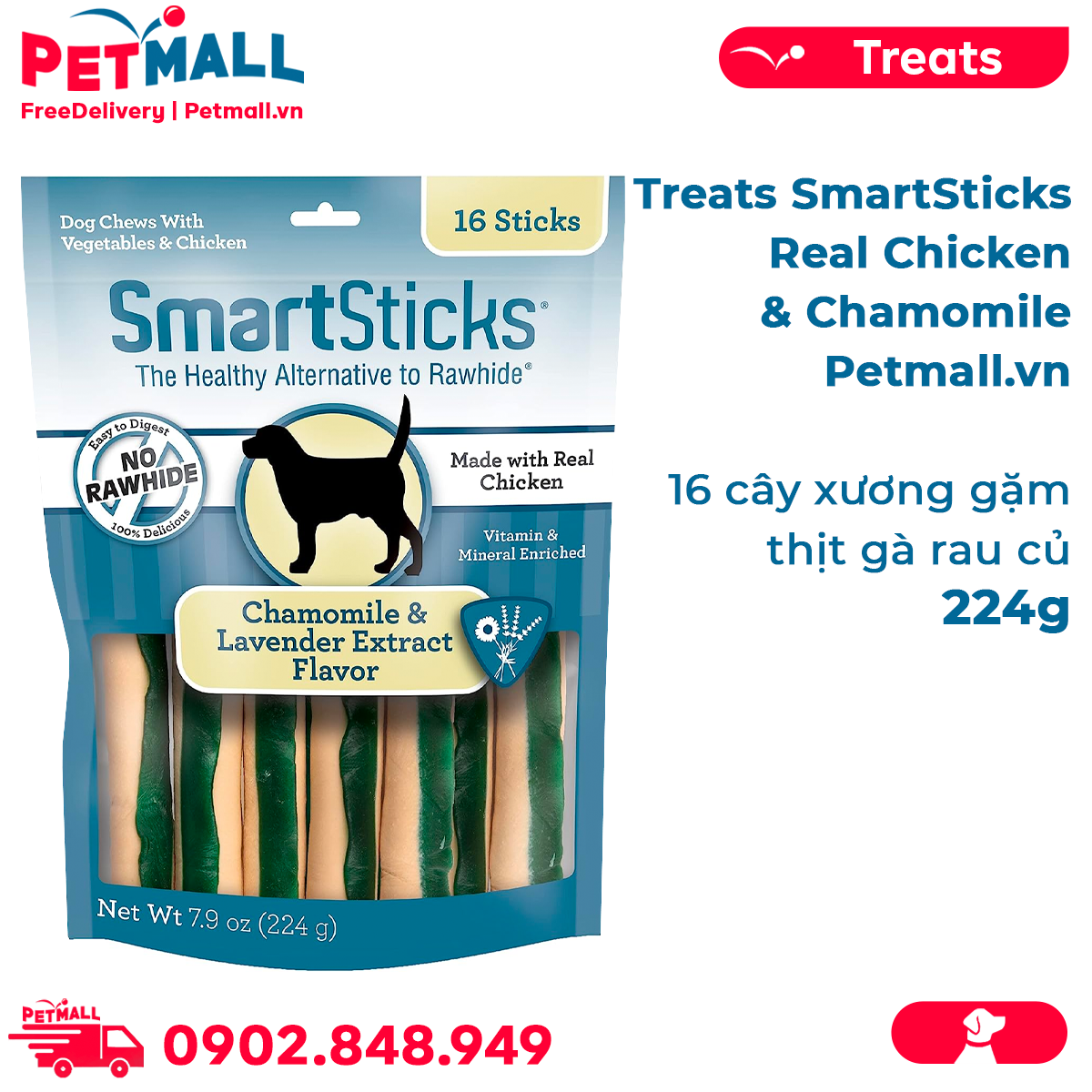 Treats SmartSticks Real Chicken & Chamomile 224g - 16 cây xương gặm thịt gà rau củ Petmall