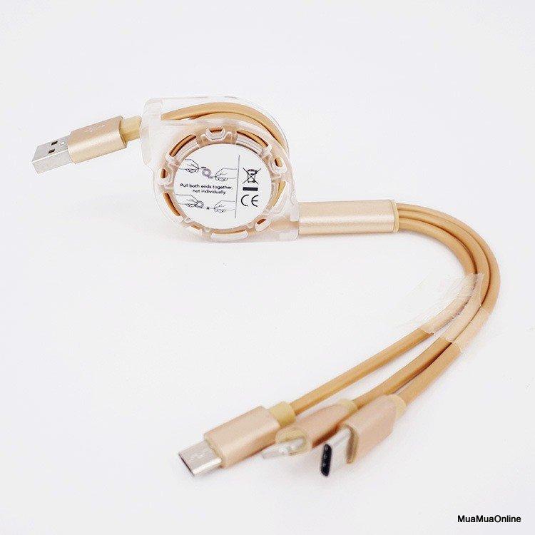 Cáp Sạc 3 Đầu Dây Rút Cổng Lightning, Type-C, Micro Usb Dây Dài 1m Cao Cấp