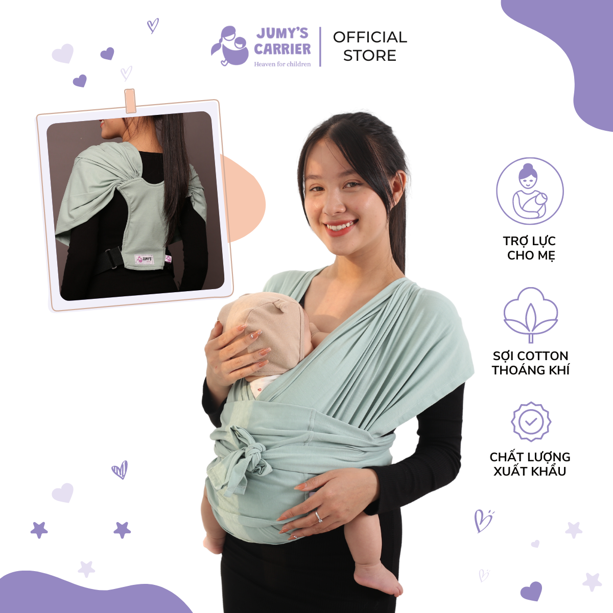 Địu em bé sơ sinh Jumys địu vải sling chống gù cho bé dễ tập pp ngủ easy