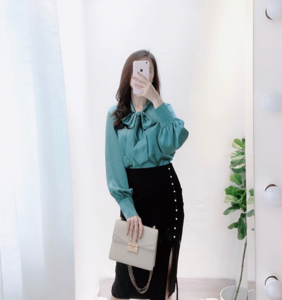 [HCM]Áo sơ mi nữ cổ nơ màu xanh cao cấp