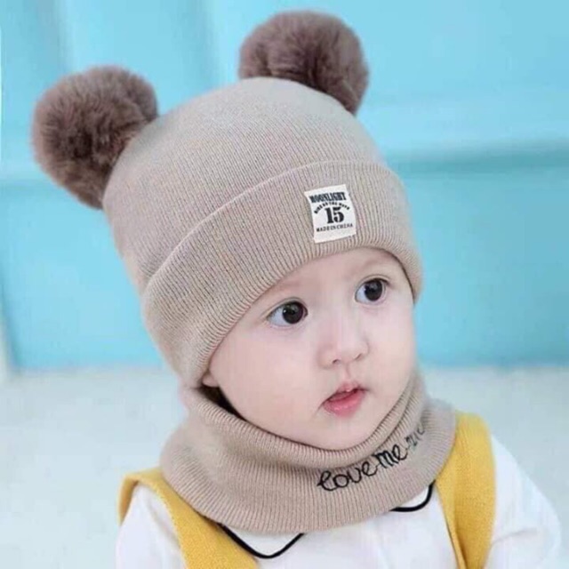 Set khăn + mũ len 2 quả bông hình đôi mắt cho bé