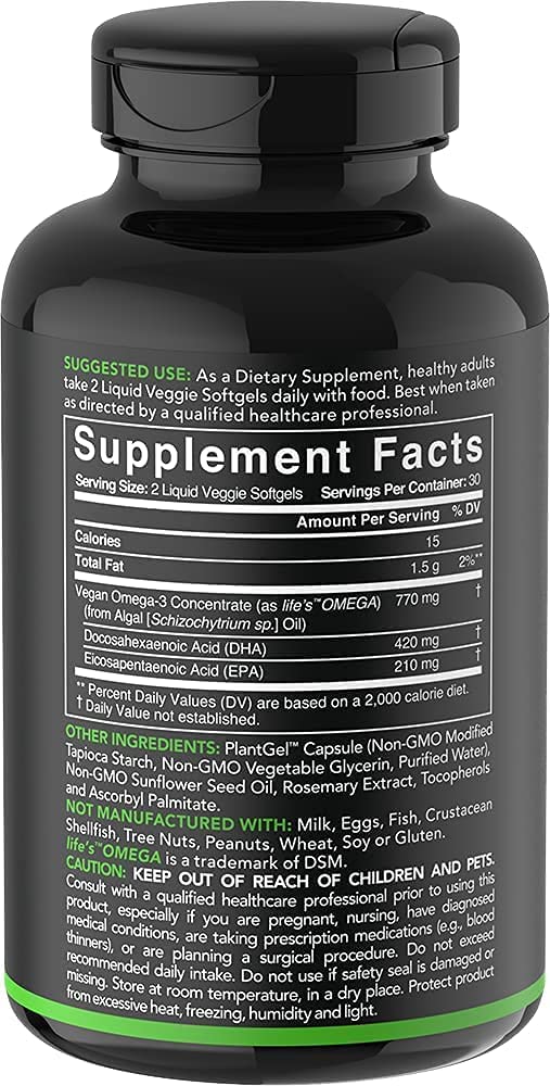 HŨ 60 VIÊN DẦU ALGAE THỰC VẬT THAY THẾ DẦU CÁ SR Omega-3 Fish Oil Alternative, DHA & EPA Fatty Acids, Non-GMO, CHO NGƯỜI ĂN CHAY Vegan, KHÔNG PHỤ GIA Carrageenan Free