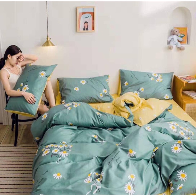 Bộ chăn ga gối cotton poly - Hoạ tiết hoa cúc vàng.