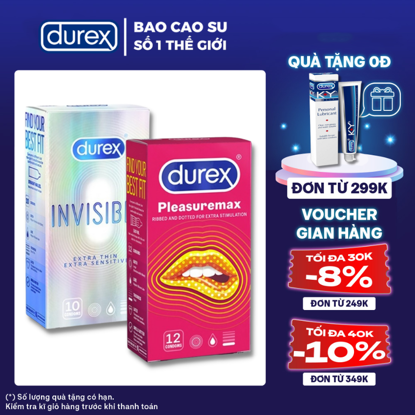 2 Hộp Bao cao su nam nữ Durex Pleasuremax gân gai + Durex Invisible Extra Thin cực siêu mỏng [Che tên SP 100%]