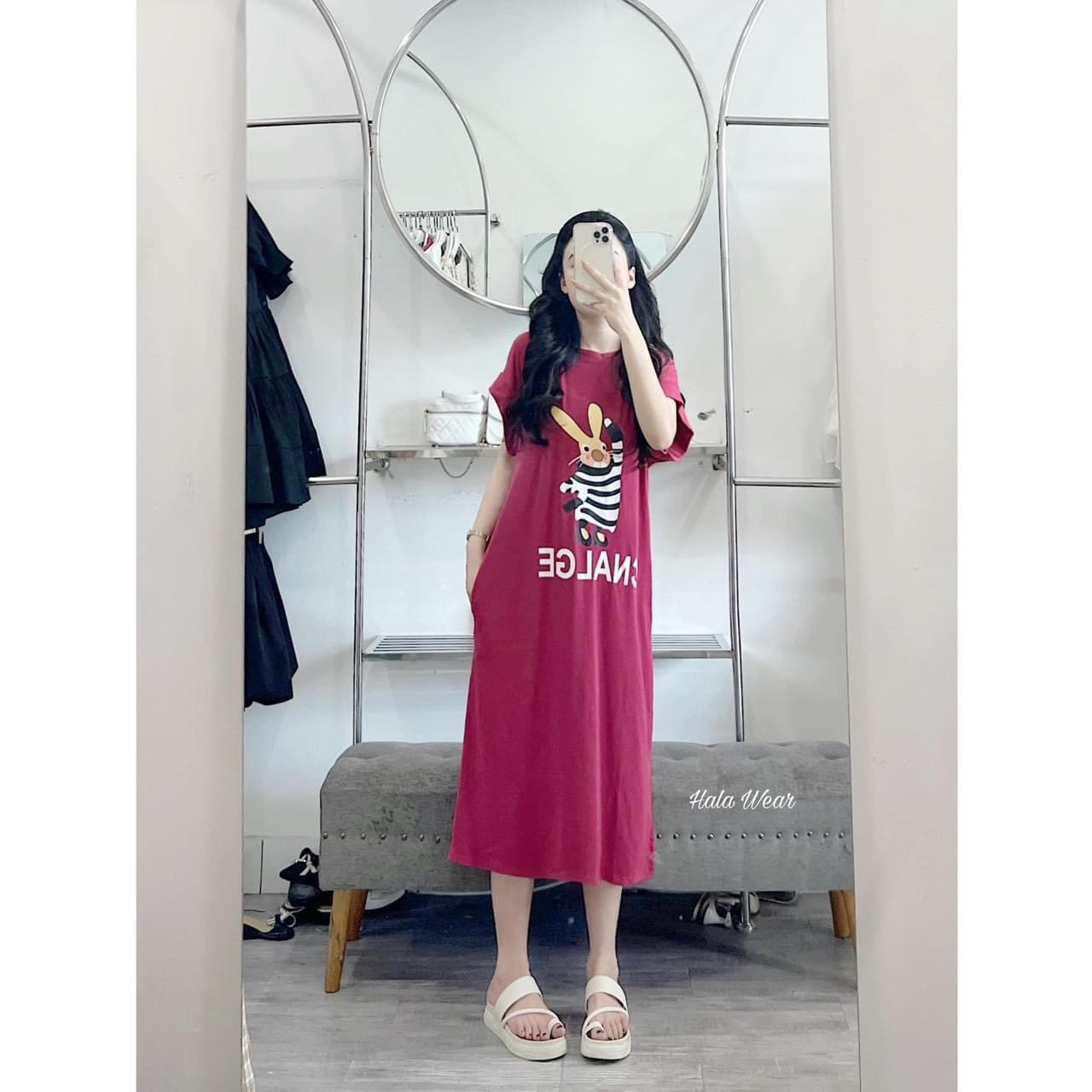 Váy suông đầm suông thỏ from rộng dáng dài có túi chất cotton
