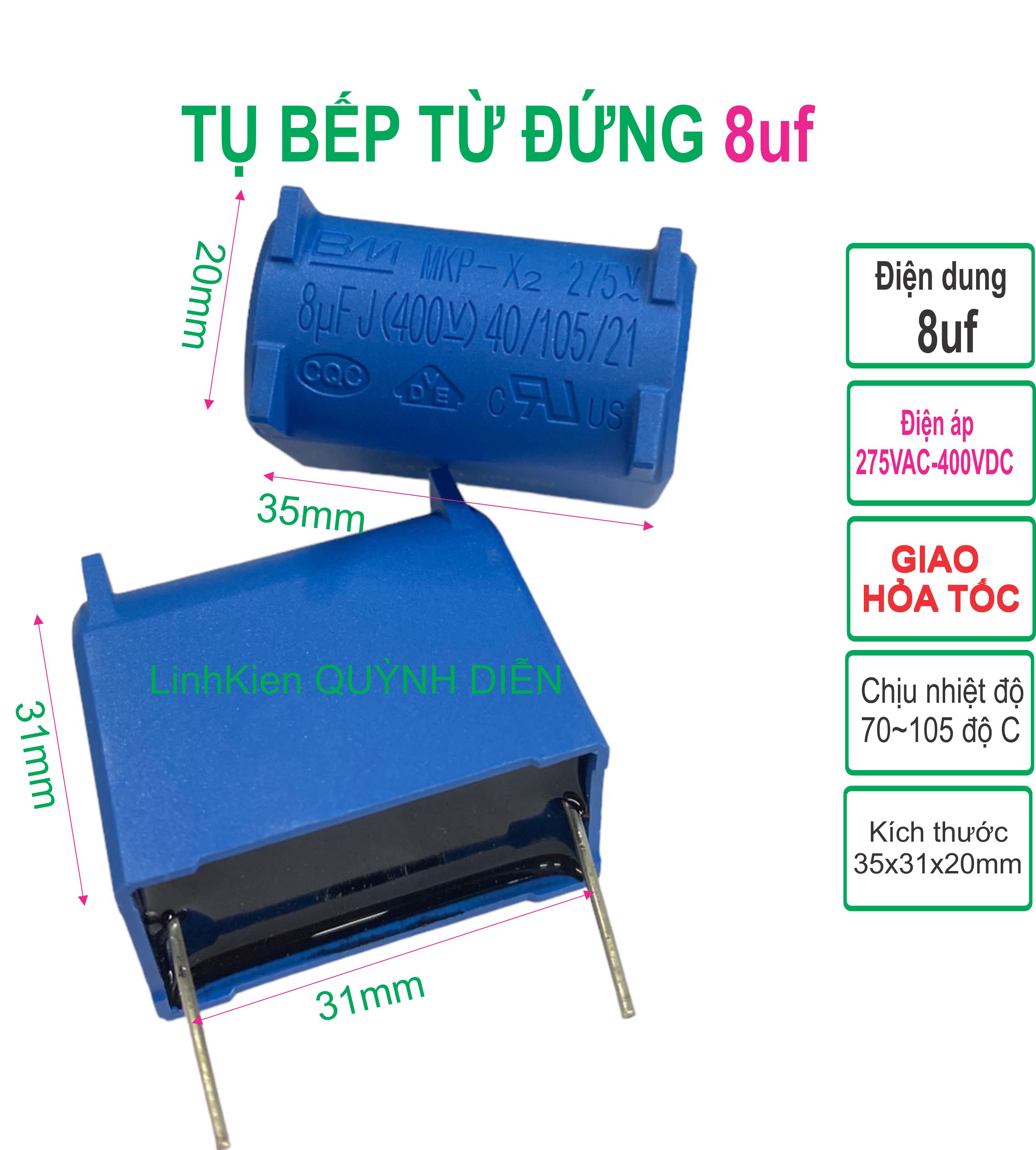 Combo 10 con tụ bếp từ 8uf 275vac/400vdc đứng - linh kiện điện tử quỳnh diễn