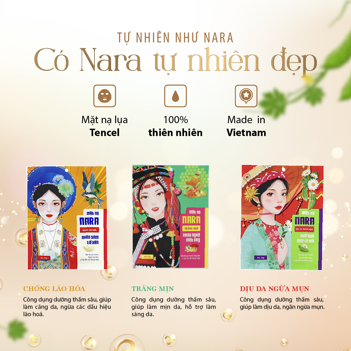 COMBO 10 miếng mặt nạ lụa NARA TẶNG 3 mặt nạ