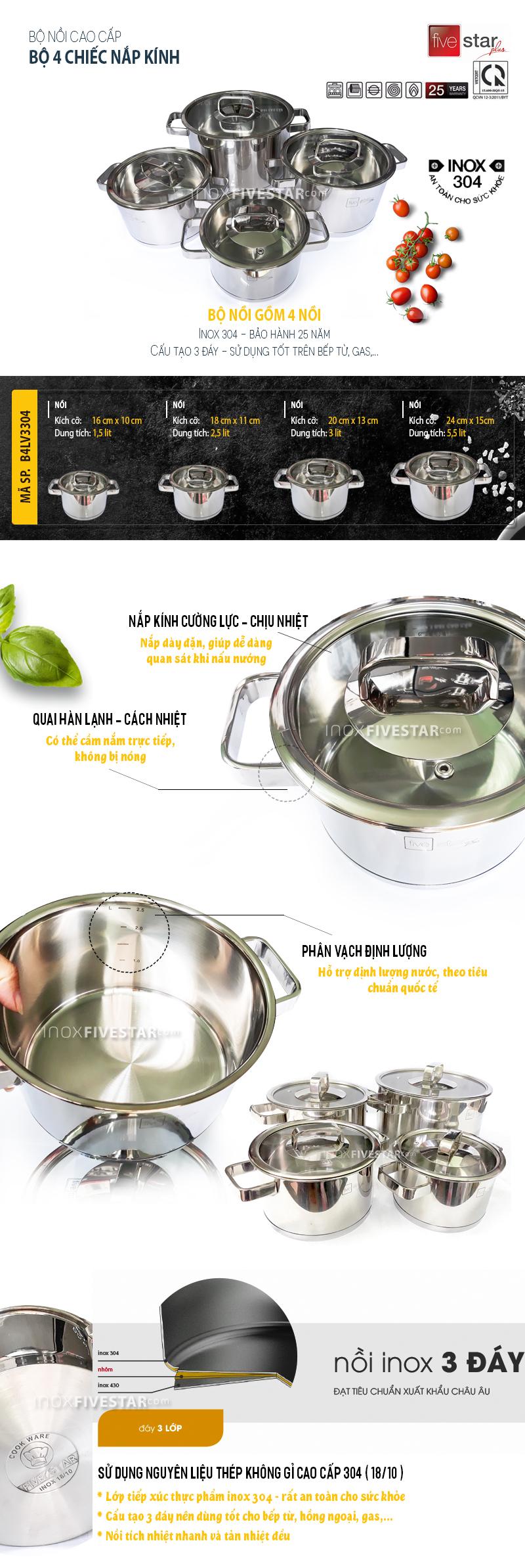 Combo bộ nồi từ 304 và xửng hấp inox 24cm Fivestar tặng 2 muỗng canh inox