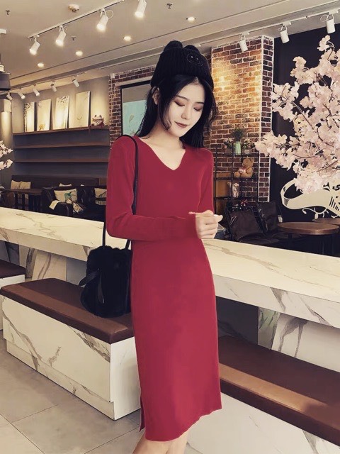 Váy suông nữ dài tay cổ V xẻ tà 3 màu