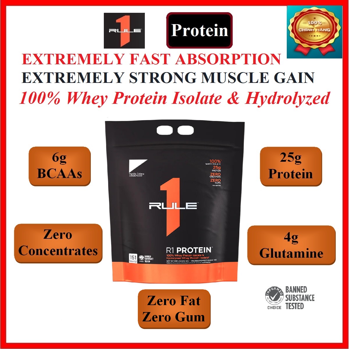 Rule 1 Protein 10Lbs 4,54kg – Bổ sung Protein 100% Whey Isolate & Hydrolyzed, hấp thu cực nhanh, tăng Cơ cực mạnh