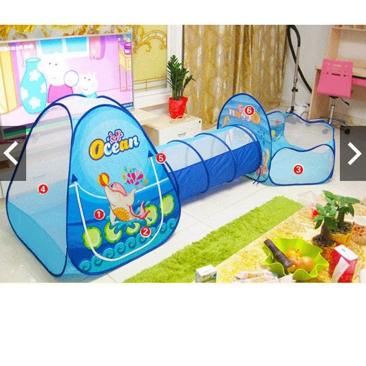 Nhà bóng chui ống 3 khoang đại dương xanh 1384 - nhà banh, quây bóng, do choi tre em