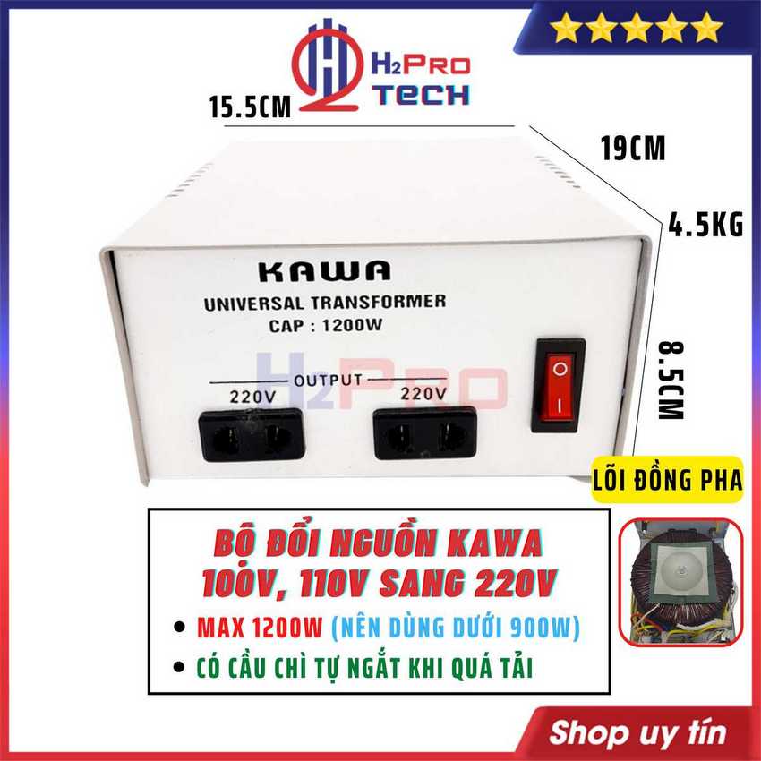 Đổi nguồn 110v sang 220v, 100v sang 220v 250w-6000w kawa cao cấp, an toàn, ổn định, nguồn xuyến lõi đồng pha-h2pro tech