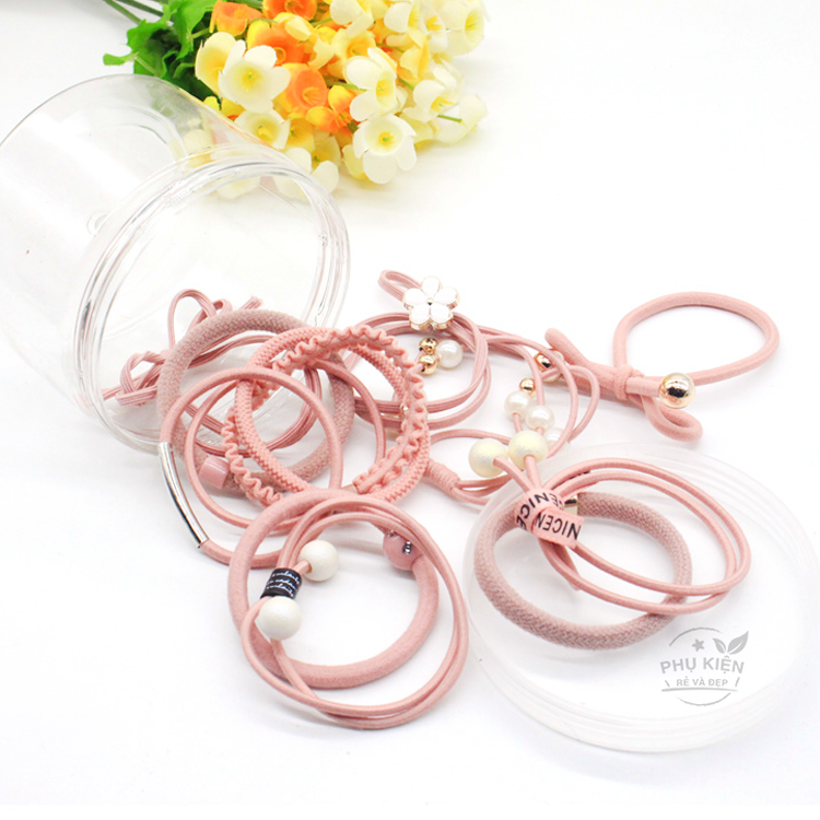 [HCM]Set 12 thun cột tóc Hàn Quốc dễ thương - Gồm hộp (Màu hồng)