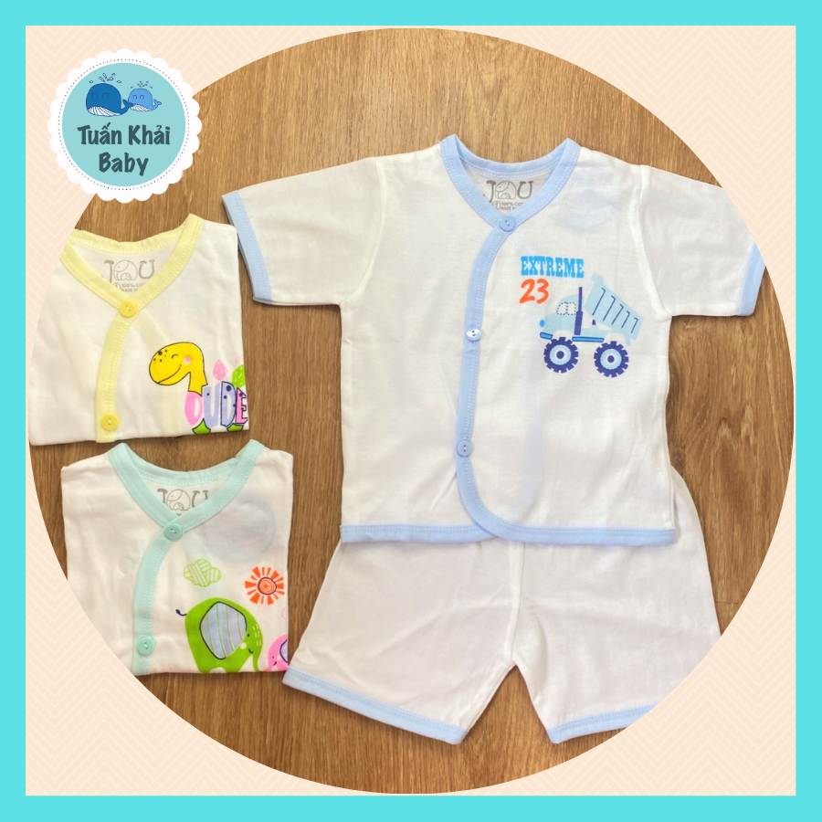 Túi 3 Bộ quần áo sơ sinh cotton JOU | Mẫu Tay Ngắn Cài Nút Xéo Trắng | Size 1 -4 cho bé sơ sinh - 11 kg| Chất vải thun cotton 100% xịn đẹp mềm họa tiết xinh |Hàng Việt Nam | Quần sơ sinh | Áo sơ sinh | Quần áo trẻ em