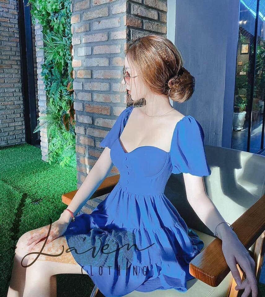 Đầm xòe tay phồng đính nút (Có Mút)