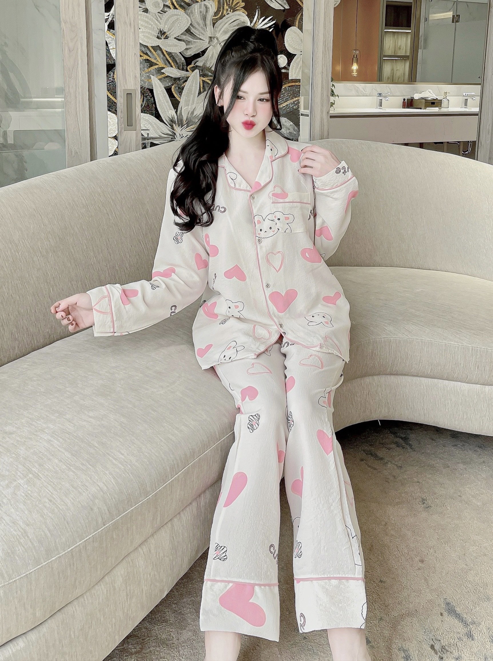Đồ bộ pijama nữ mặc nhà dài tay chất liệu xốp đũi siêu mềm mịn KOSAVA DD01