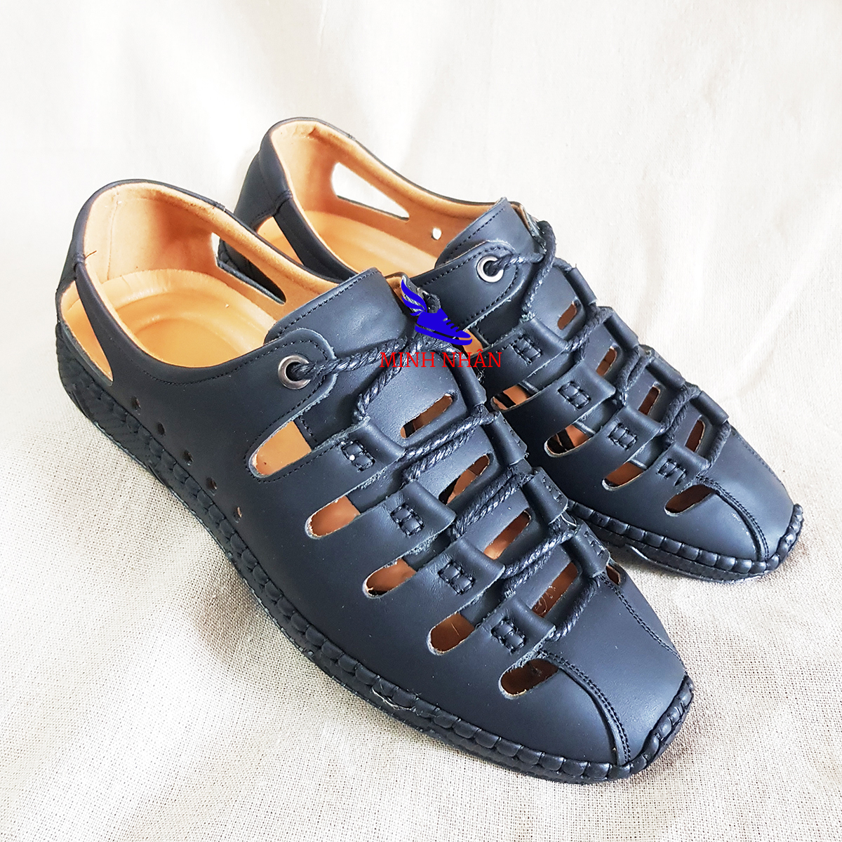 Giày rọ nam da bò cao cấp nguyên tấm đế khâu BẢO HÀNH 1 NĂM giày mùa hè đục lỗ thoáng khí giày lười nam da bò đục lỗ H-11 màu đen Men’s Summer Shoes