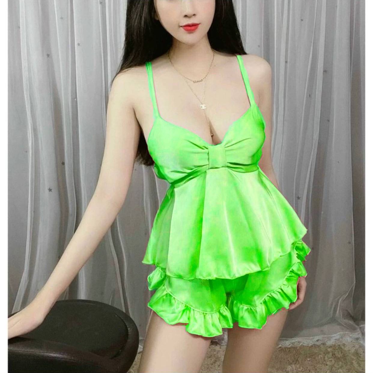 Đồ bộ ngắn hai dây phối nơ vải phi lụa mịn đẹp freesize dưới 57kg np