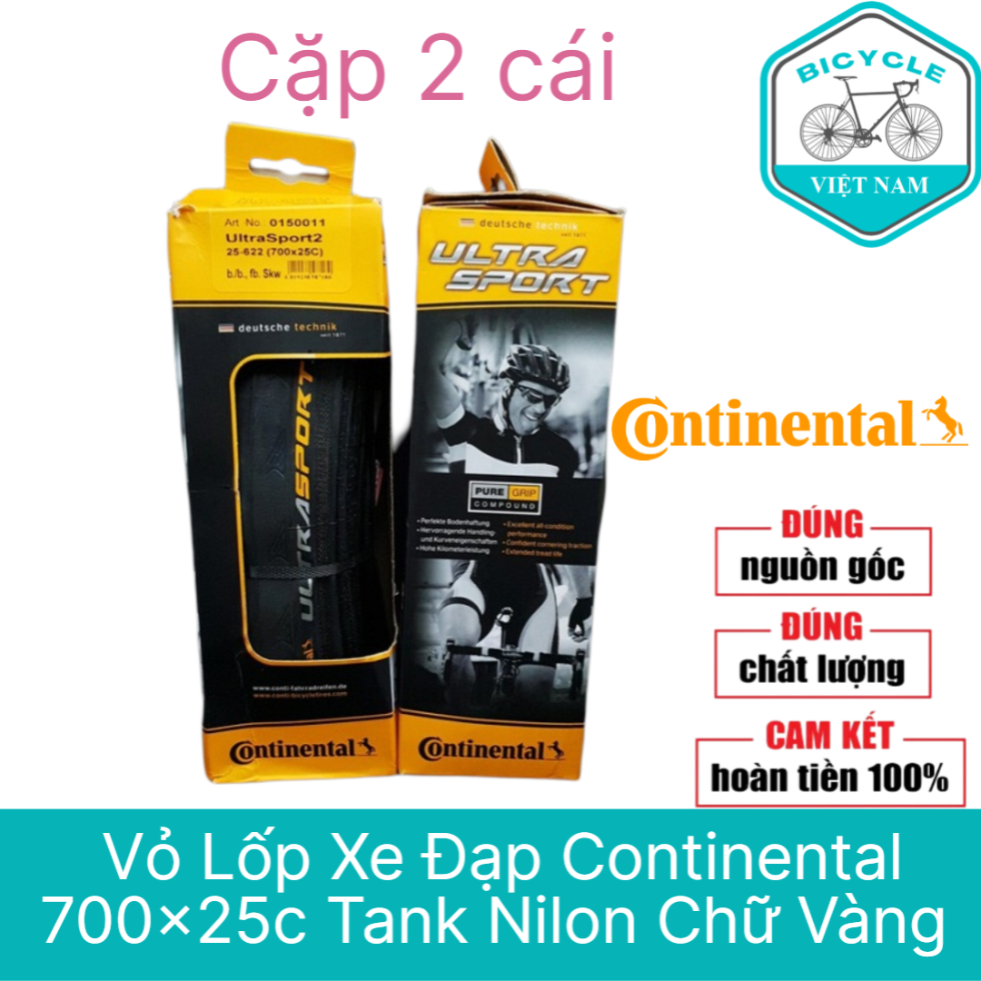 Cặp 2 cái vỏ lốp xe đạp continental grand sport race 700x25c tank nilon chữ vàng có hộp