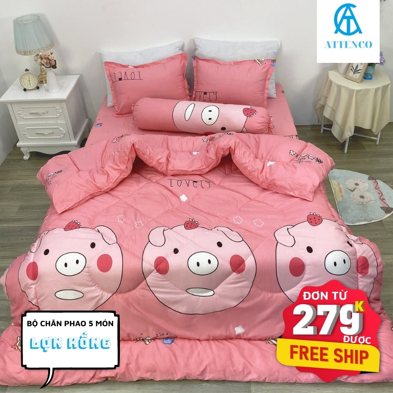 CHĂN GA GỐI COTTON ATTENCO BEDDING NGỘ NGHĨNH ĐÁNG YÊU HÀN QUỐC BỘ 5 MÓN CHĂN PHAO GA BO CHUN SẴN (BẢO HÀNH 6 THÁNG)