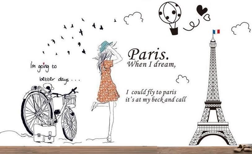 Decal dán tường tháp paris và cô gái xe đạp