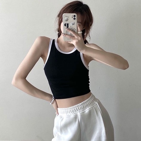 Áo croptop ba lỗ phối viền basic trơn nữ thun gân kiểu ôm body