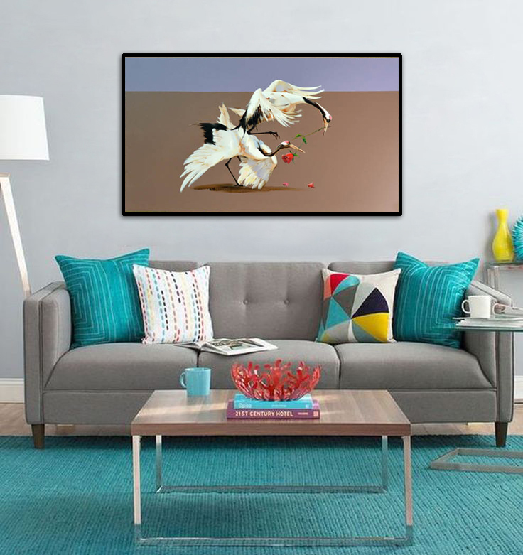 Tranh treo tường sếu lam đầu đỏ in trên canvas có khung trang trí phòng khách, phòng ngủ (10168513)