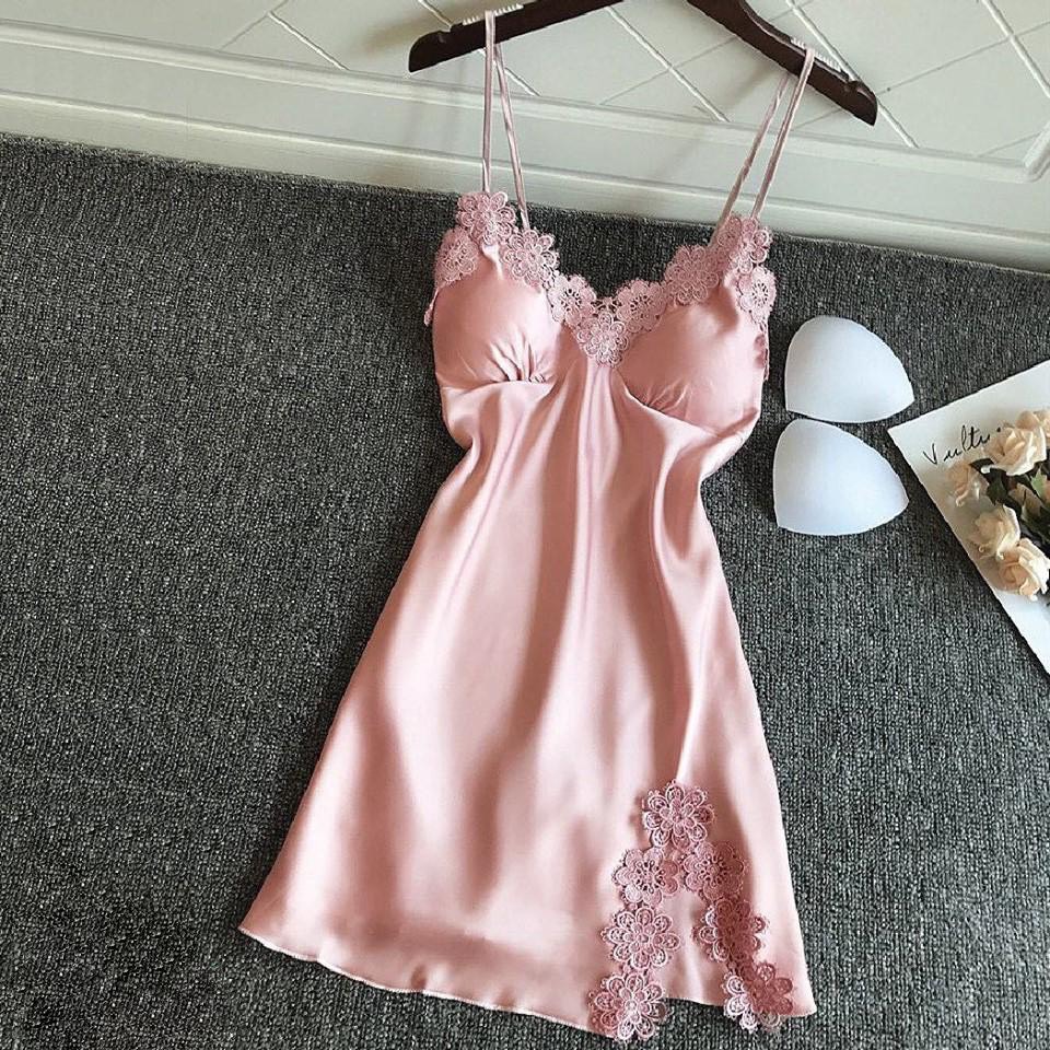 Đầm ngủ lụa satin phối ren hoa kèm mút ngực , đầm ngủ dễ thương,