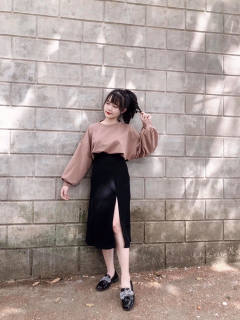 🔥SET VÁY XẺ TÀ + CROPTOP TAY DÀI TRƠN