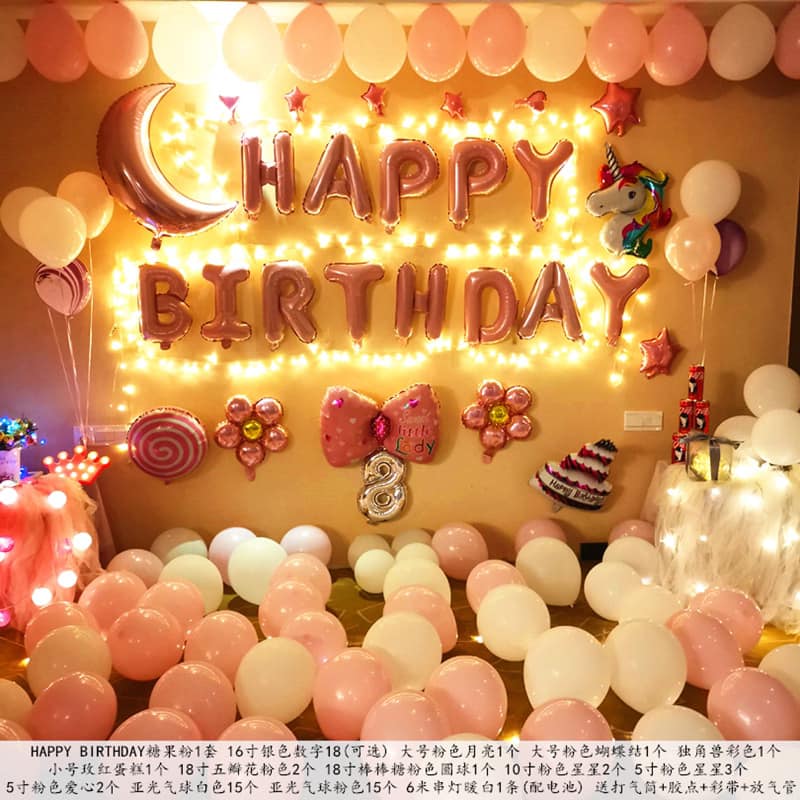 Trang Trí Sinh Nhật Happy Bridthday Tông Hồng Và Đèn Led Nhiều Kiểu SN22
