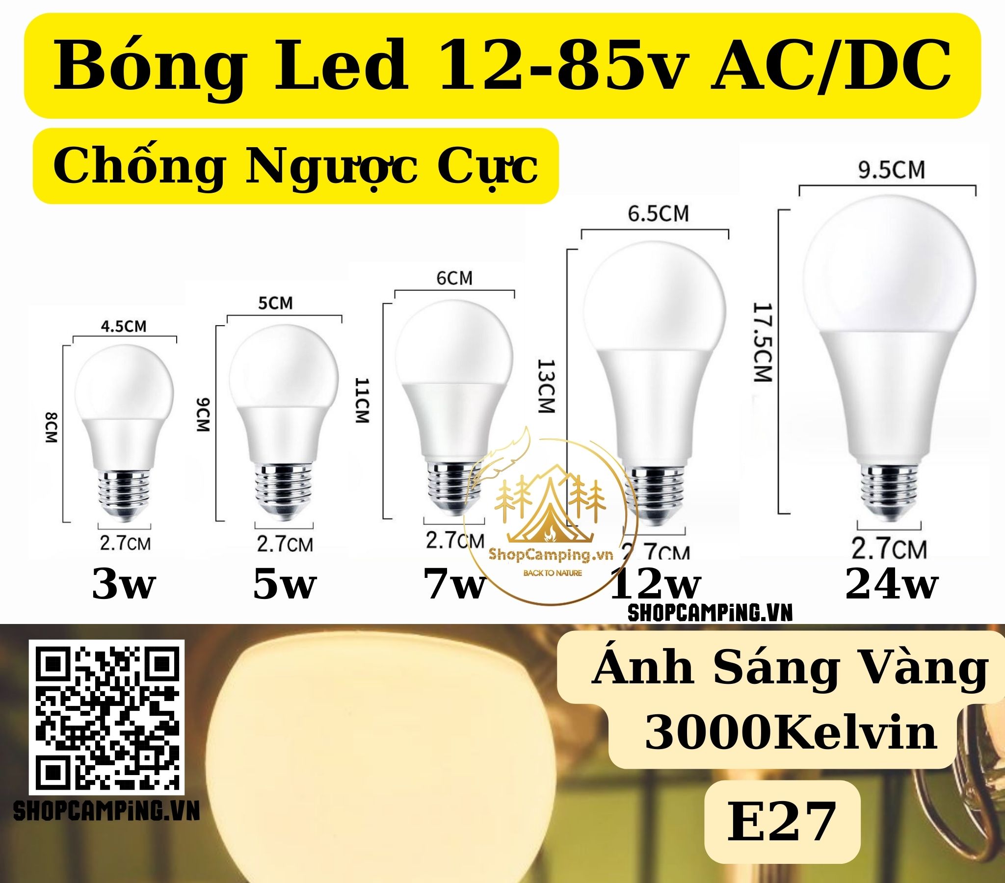 Bóng đèn led 12v/ 24v ánh sáng vàng vỏ nhựa
