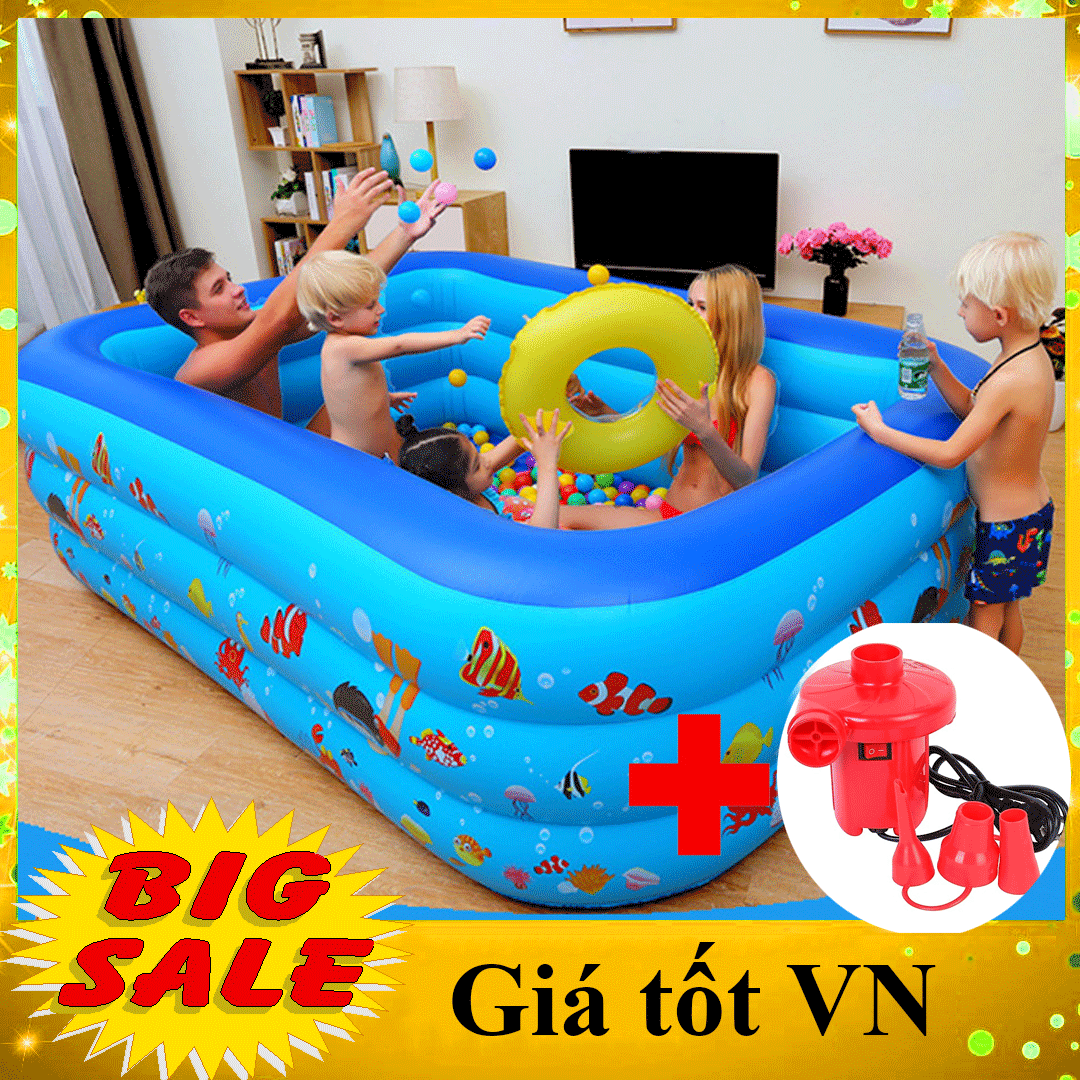 [HỖ TRỢ SHIP- LOẠI DÀY DÀI 2M1 - KÈM BƠM ĐIỆN - SALE 3 NGÀY] Bể bơi kích thước lớn 210cmx140x60cm hình chữ nhật, phao bơi đại dương cho cả gia đình, bể phao bơm hơi cho bé và người lớn vui chơi, bể tắm tập bơi trẻ em