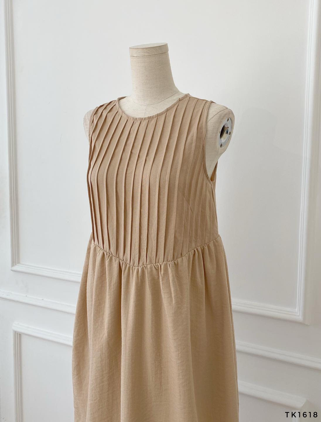 [Ảnh thật] Đầm suông cổ tròn xếp li xinh xắn chất linen lụa mềm đẹp