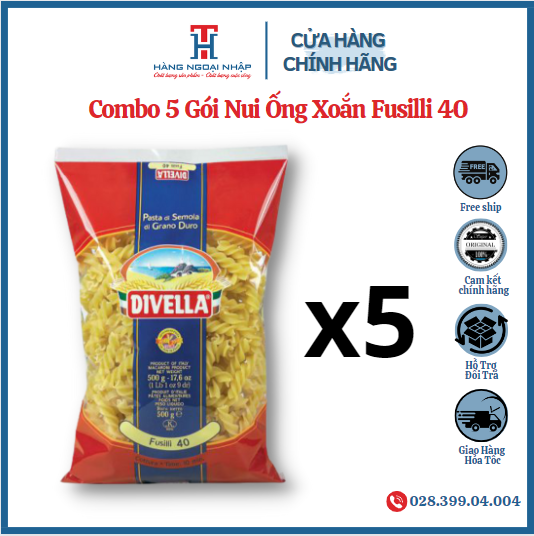 [HCM]COMBO 5 Nui ống xoắn Fusilli 40 Divella (SIÊU TIẾT KIỆM)