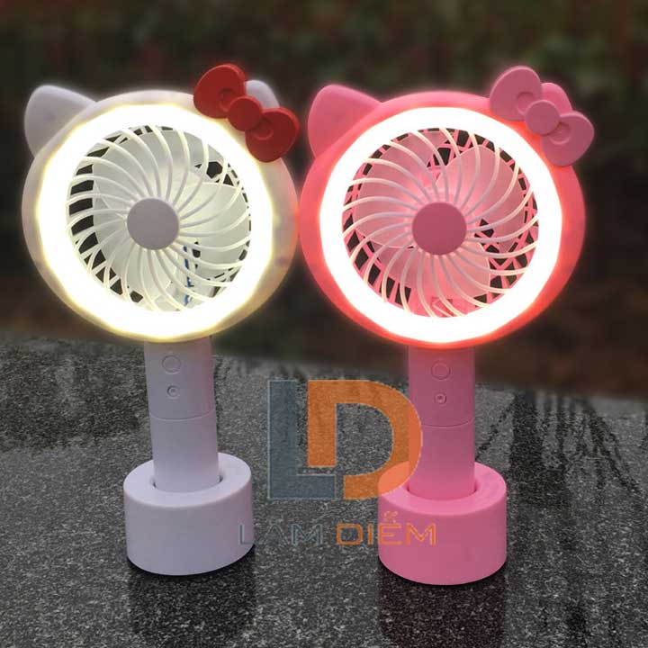 QUẠT SẠC USB KITTY CẦM TAY CÓ ĐÈN LED 3 CHẾ ĐỘ SIÊU MÁT