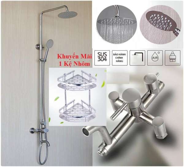 Bộ sen cây tắm nóng lạnh Bộ vòi sen tắm nóng lạnh Inox SUS304 Tròn (Tặng kệ góc Nhôm + Bảo hành toàn quốc 2 năm)