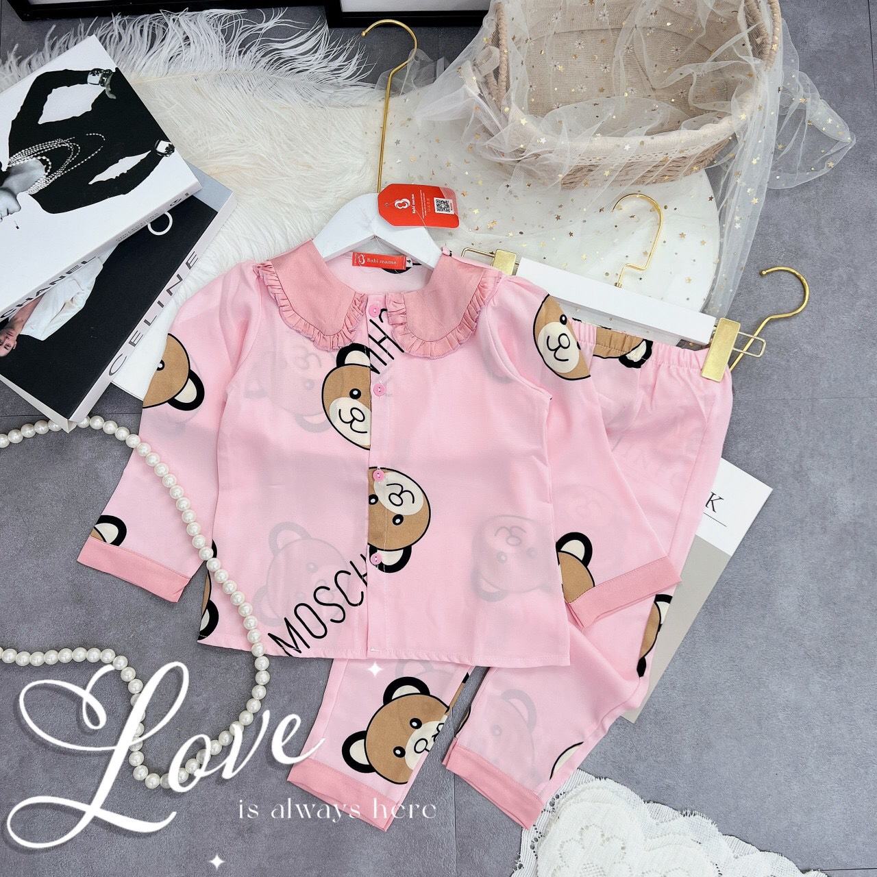 Bộ Ngủ Pijama Lụa Mango  Dài Tay cổ bèo cho bé gái