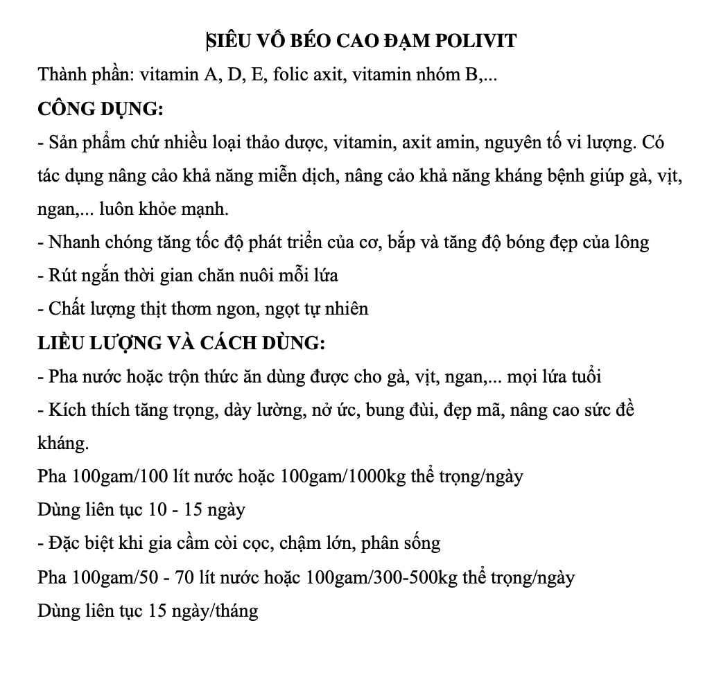Siêu vỗ béo gà, vịt (Bio - polivit) 1kg/gói