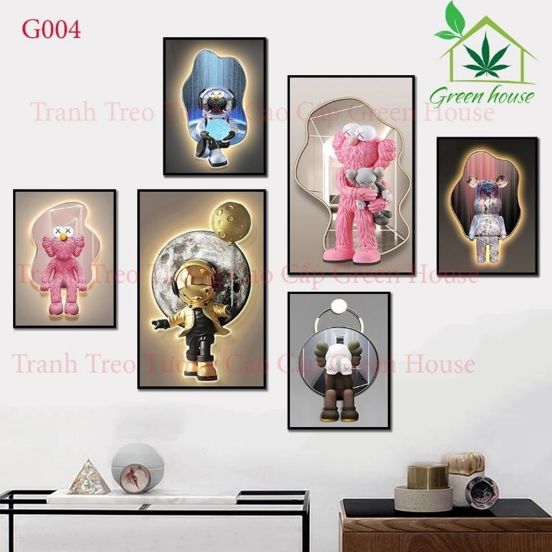 Set 6 Tranh Dán Tường Gấu Bearbrick/ Kaws Cao Cấp Trang Trí Decor