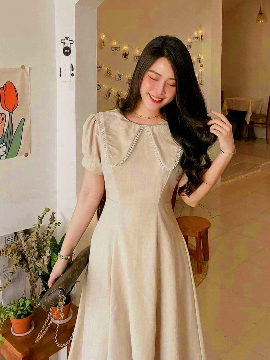 Đầm cổ bèo viền ren 2 màu