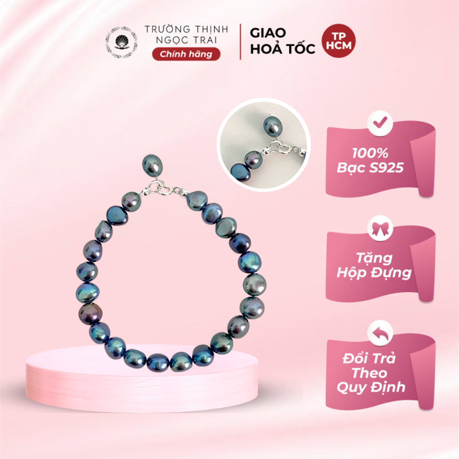 Vòng Tay Ngọc Trai Hạt Dẹt Màu Đen Nước Ngọt Trẻ Trung, Dễ Thương - Ngọc Trai Trường Thịnh