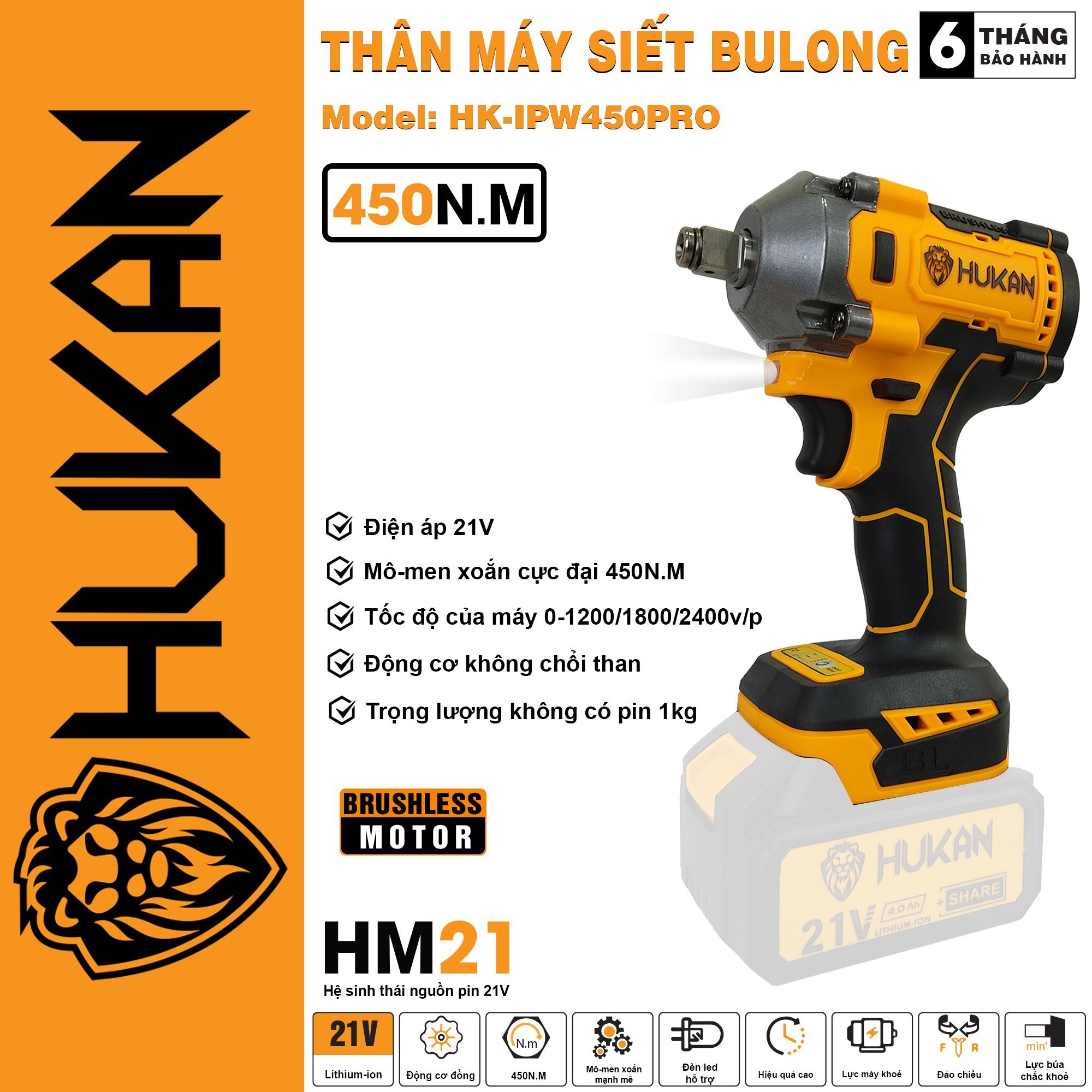 "Máy Siết Bulong HUKAN HK-IPW450PRO 450 Nm Đầu 2 Trong 1 Siết Ốc Chặt Dung Lượng Pin Cao Ổn Định Dễ 