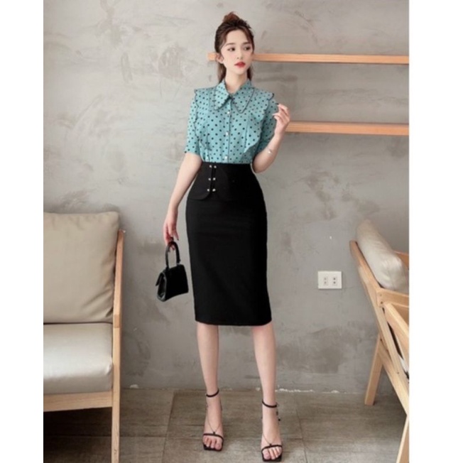 Chân Váy Bút Chì Dáng Dài Công Sở đáp tà đính cúc ch điệu
