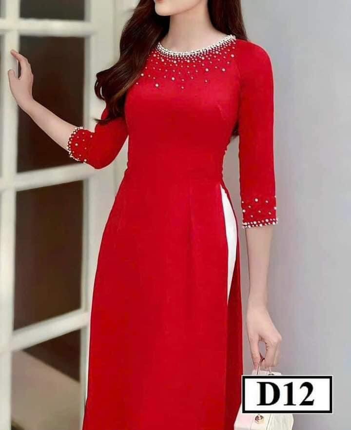 Áo dài truyền thống màu đỏ lụa mềm cổ tròn tay lỡ đính trai vải co dãn