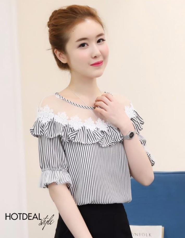 [HCM]Áo kiểu sọc phối ren