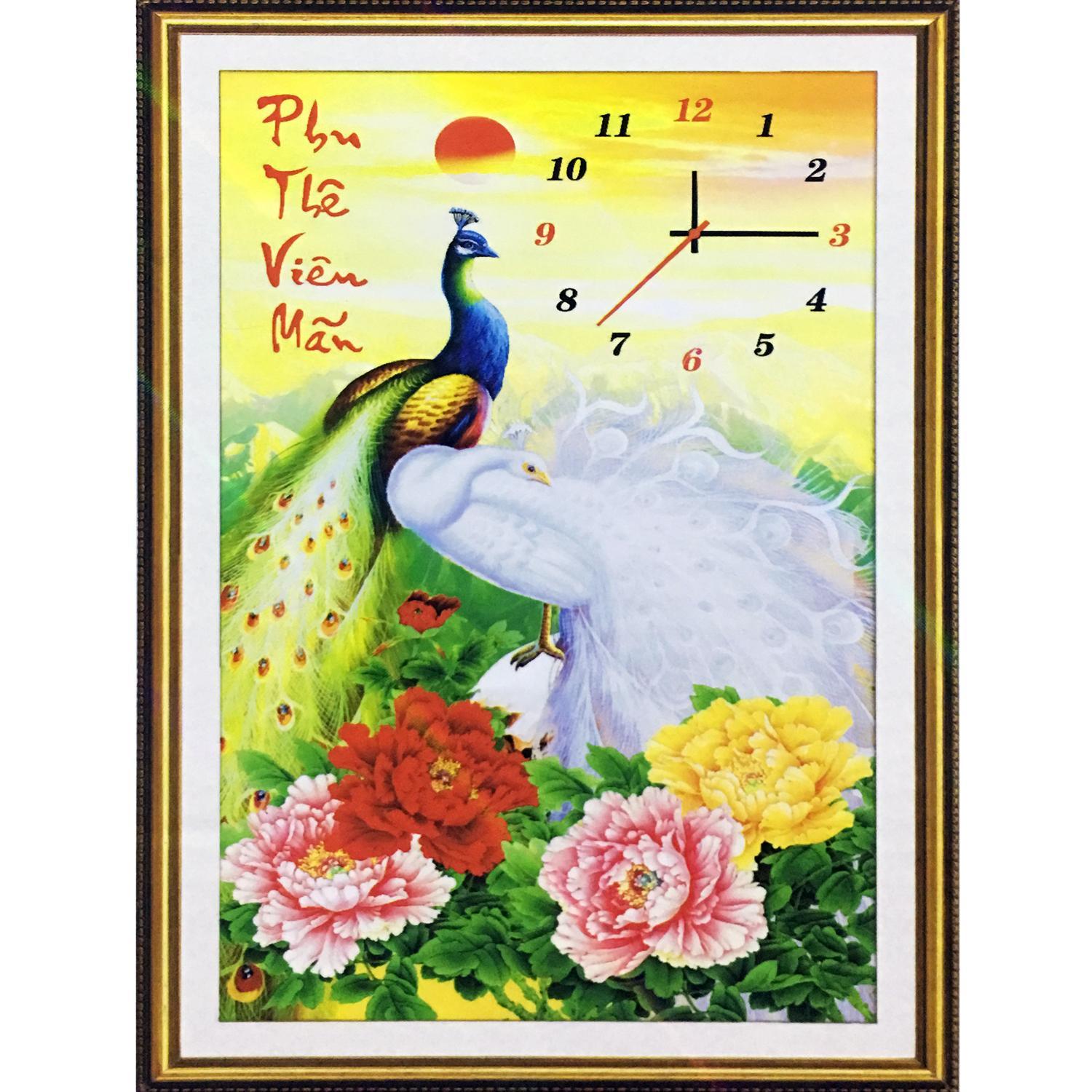 Tranh đính đá đôi công Đồng hồ-NgocThinhShop